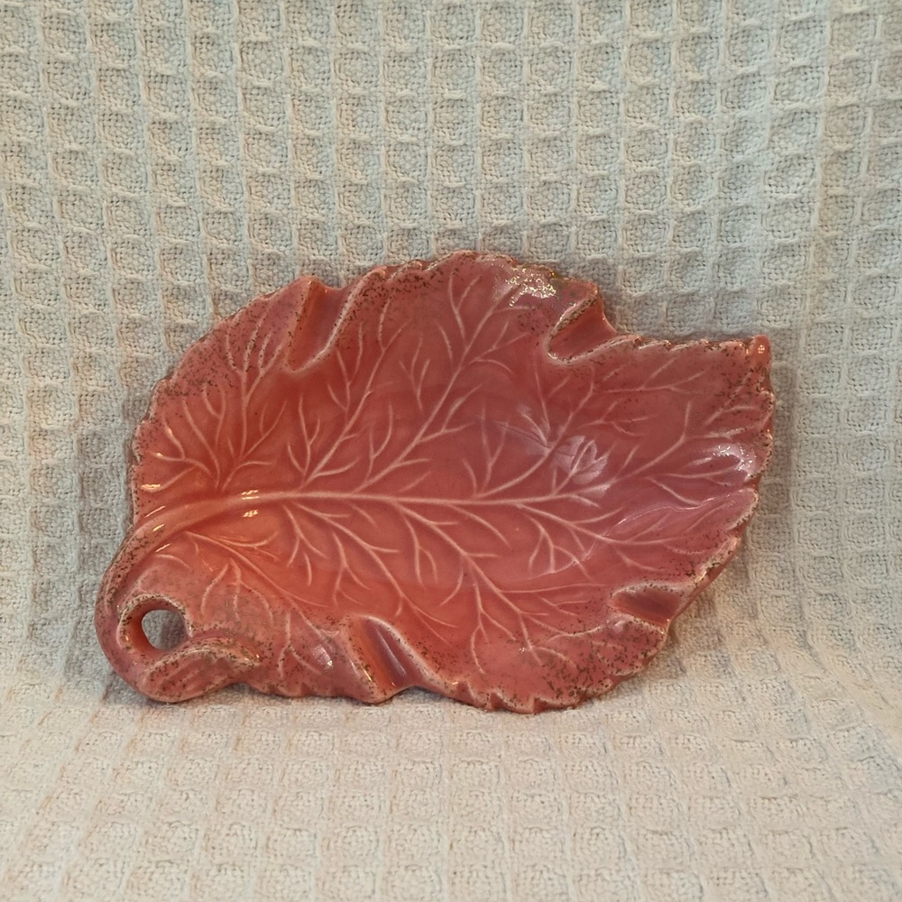 Vintage California Pottery Pink Leaf Dish-Ashtray With Gold Speckled Edges